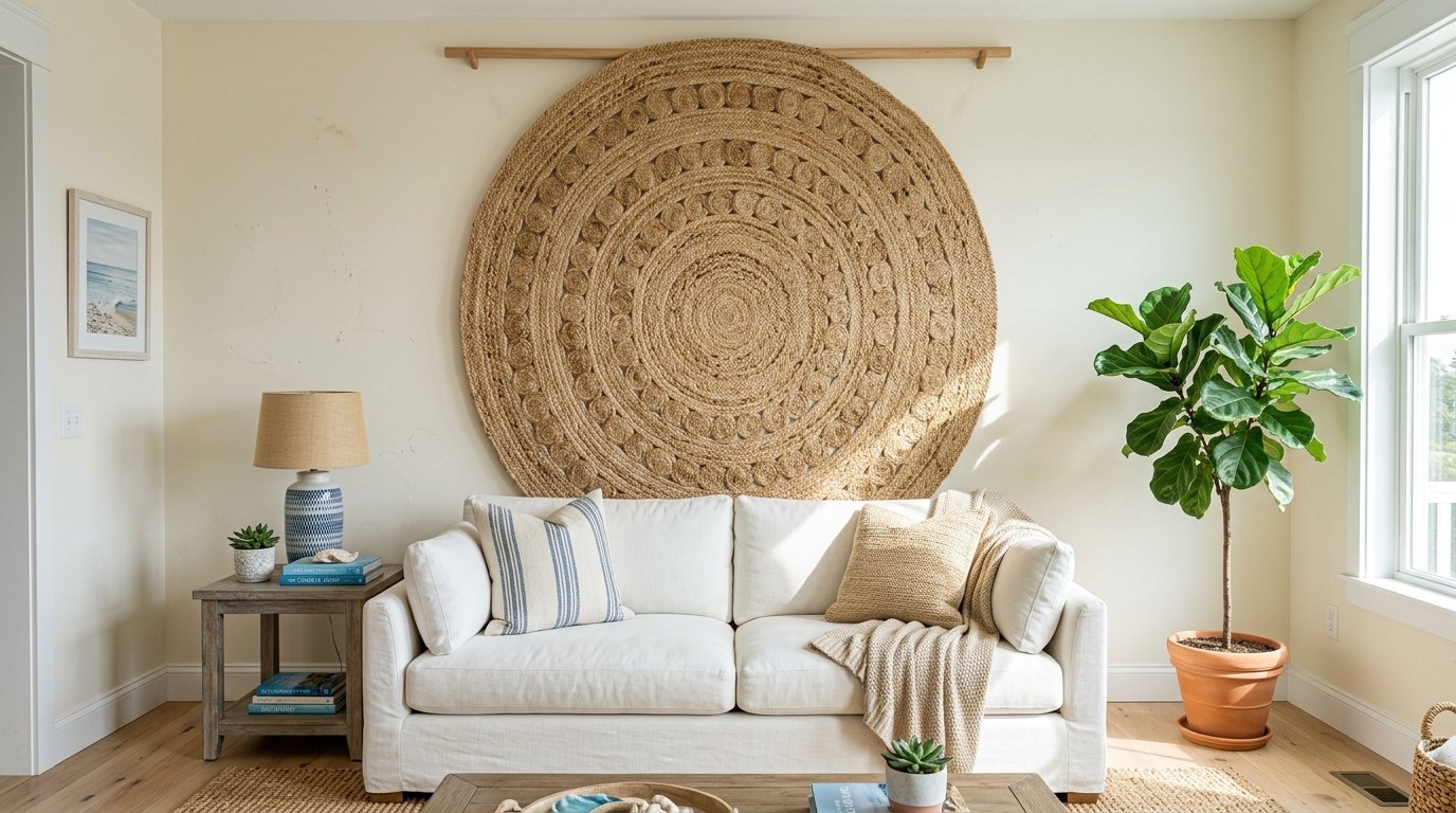 White living room sofa decorated with striped pillows and a throw blanket below a giant round textured jute wall piece.
