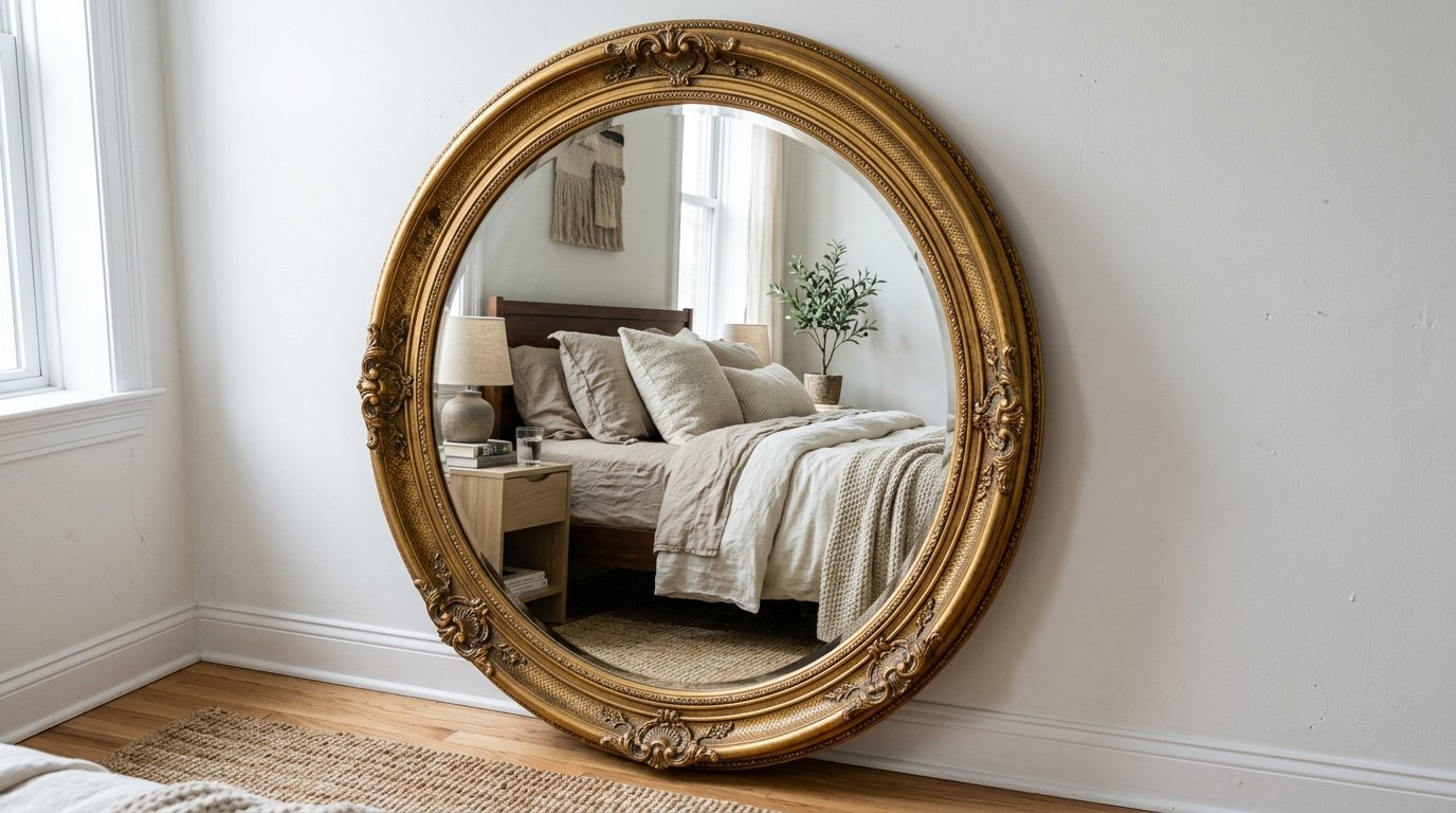 An oversized circular mirror with a decorative gold frame leaning against a white wall in a bedroom.