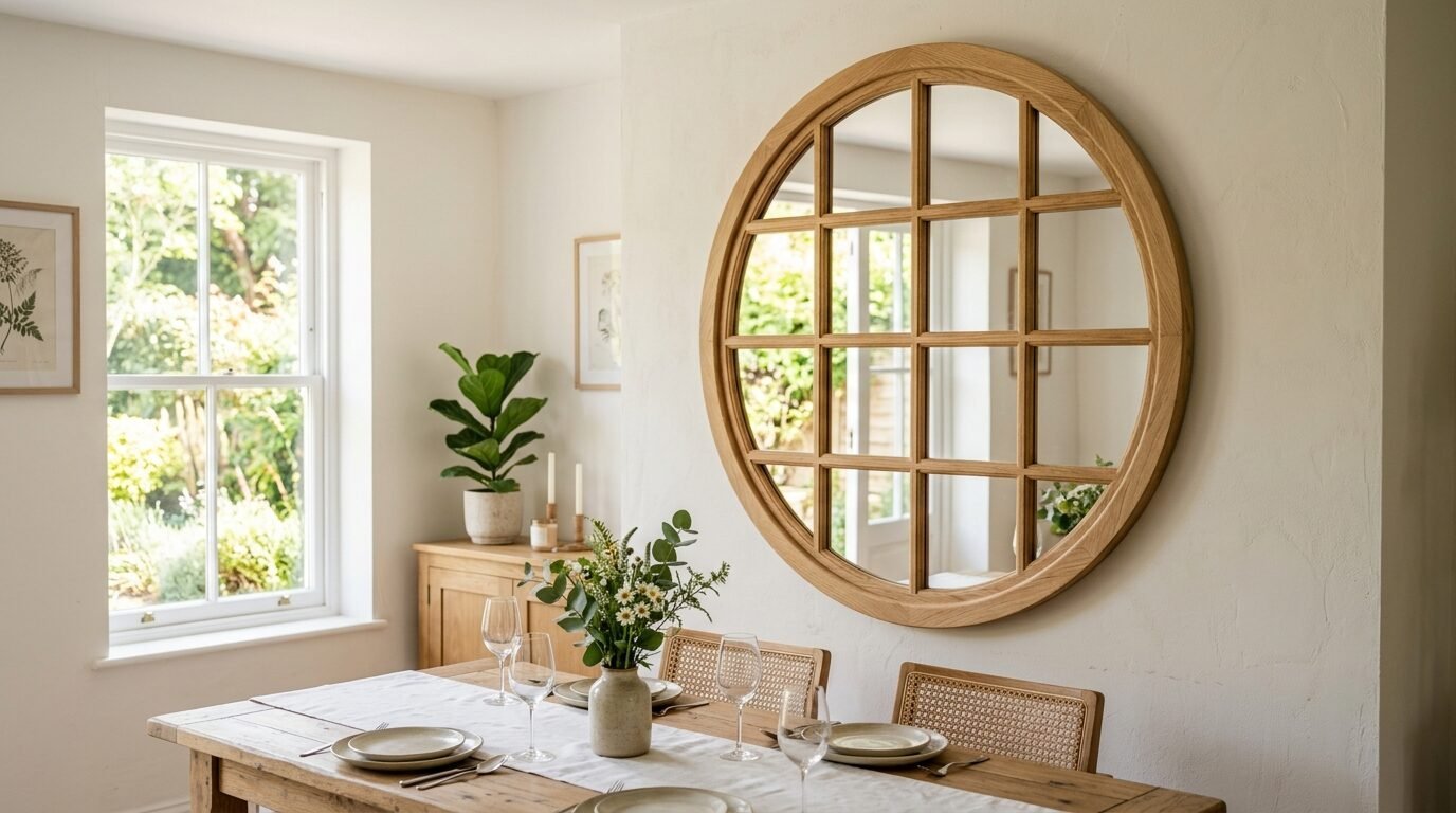 Round wood-framed mirror with grid panels on a white wall above a wooden dining table with place settings.