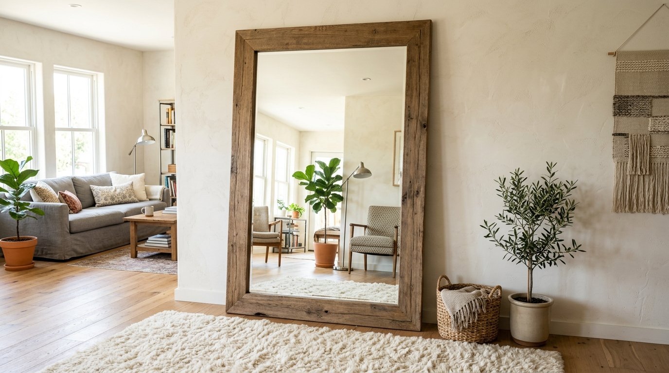 A massive rectangular mirror with a weathered wood frame leaning against a wall in a bright, modern living room.