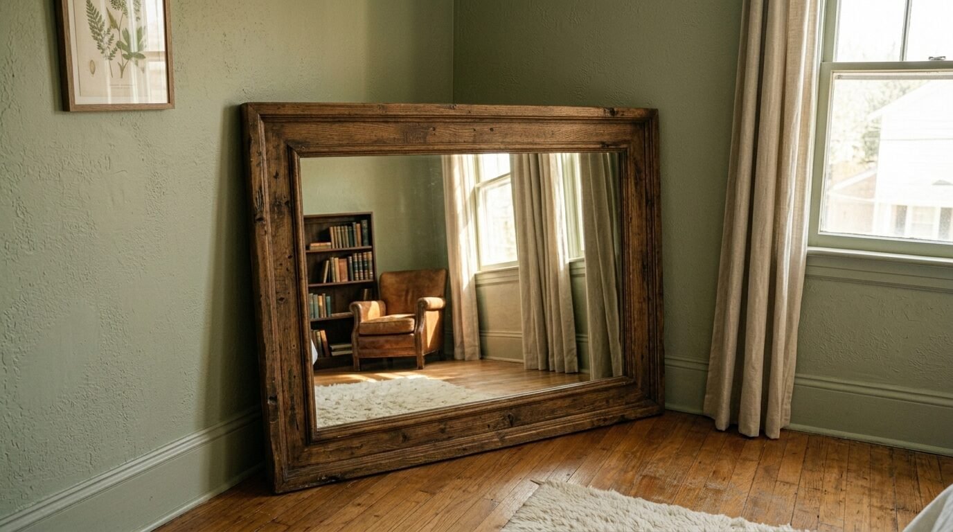 Massive rustic framed mirror resting on wooden floor reflecting a leather armchair and bookshelf.