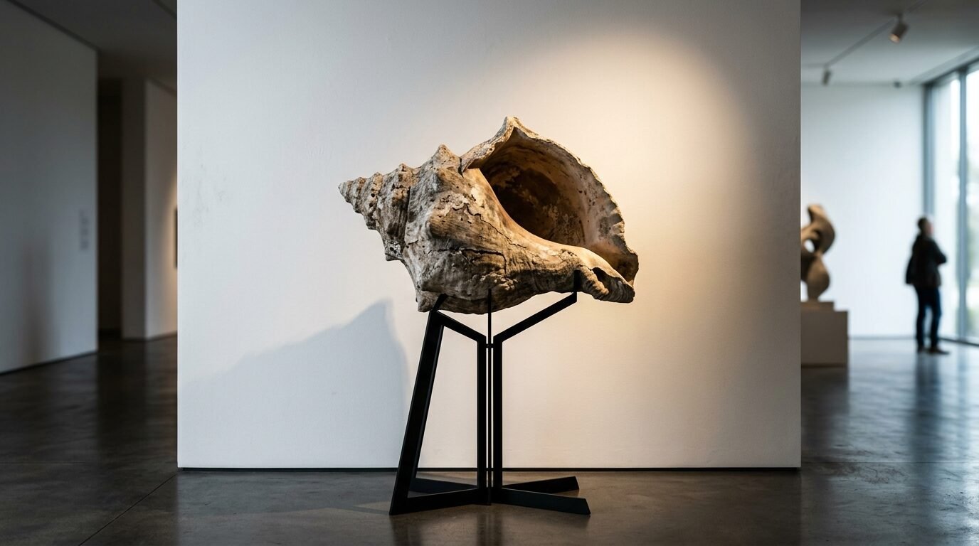 A large, textured seashell exhibited on a minimalist pedestal in an art museum.