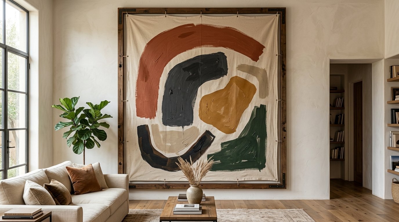 A large fabric wall hanging with colorful abstract brushstrokes displayed on a wooden frame above a beige sofa.