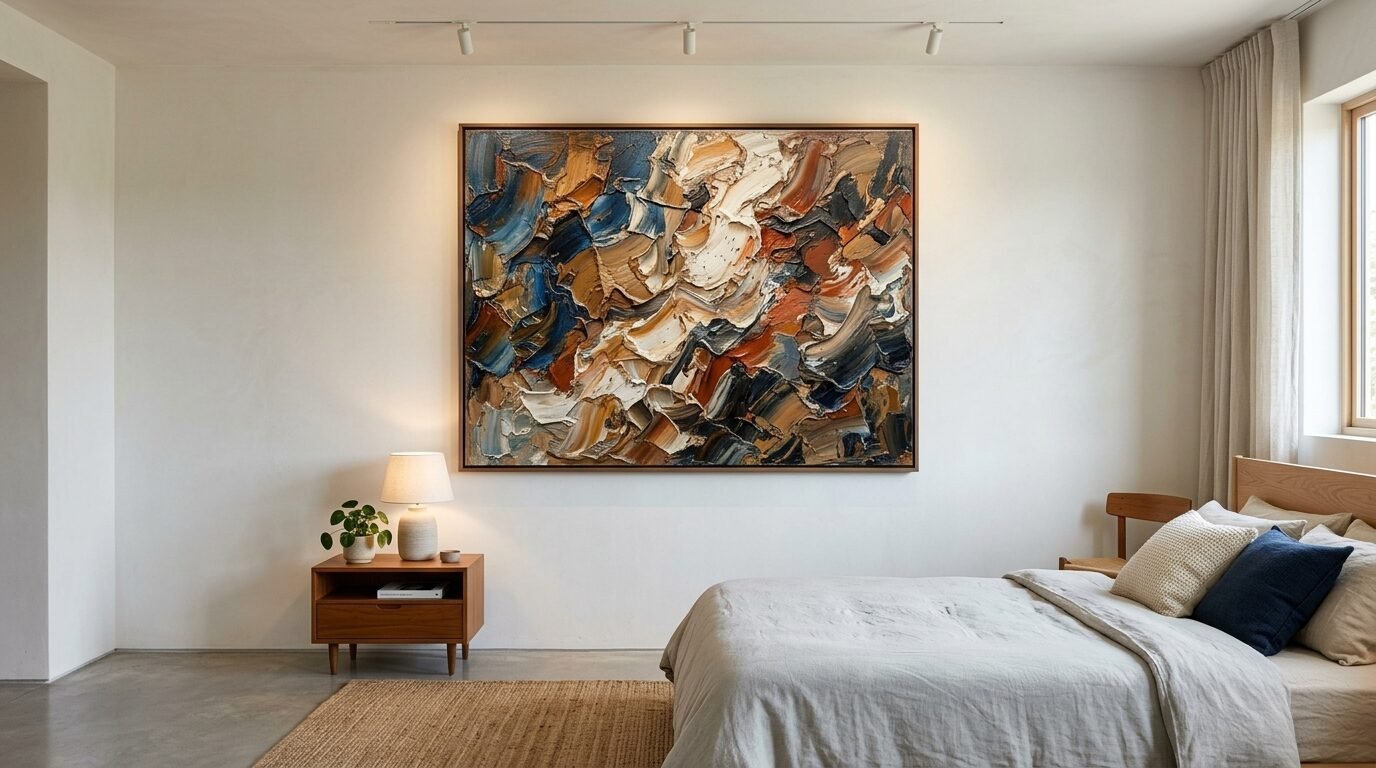 Textured impasto art in blue and brown tones mounted on a white wall in a modern minimalist bedroom.