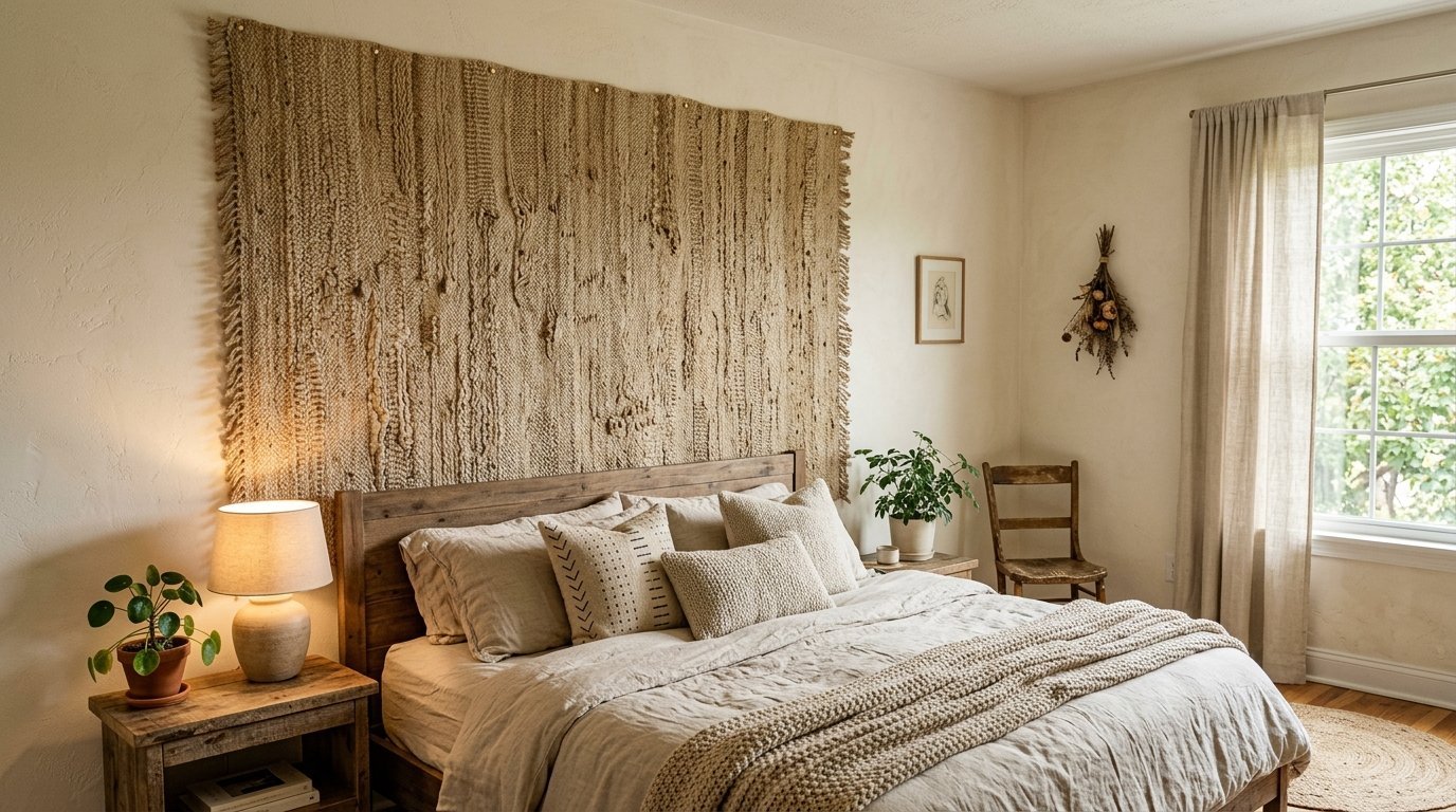 A woven jute tapestry hangs on a wall above a wooden bed frame with linen bedding and neutral throw pillows.
