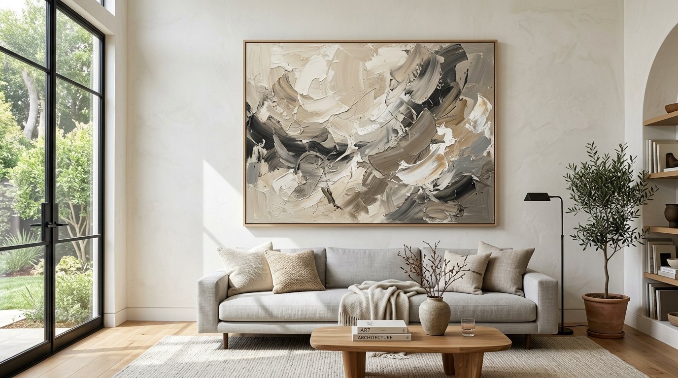 A beige and charcoal textured abstract painting hangs over a light grey sofa in a minimalist sunlit living area.