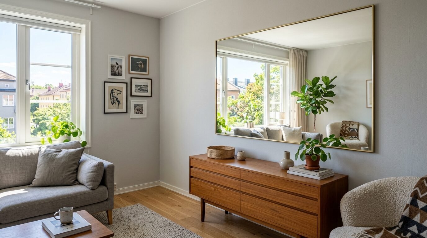 A mid-century wooden sideboard sits under a large rectangular mirror reflecting a cozy lounge area.