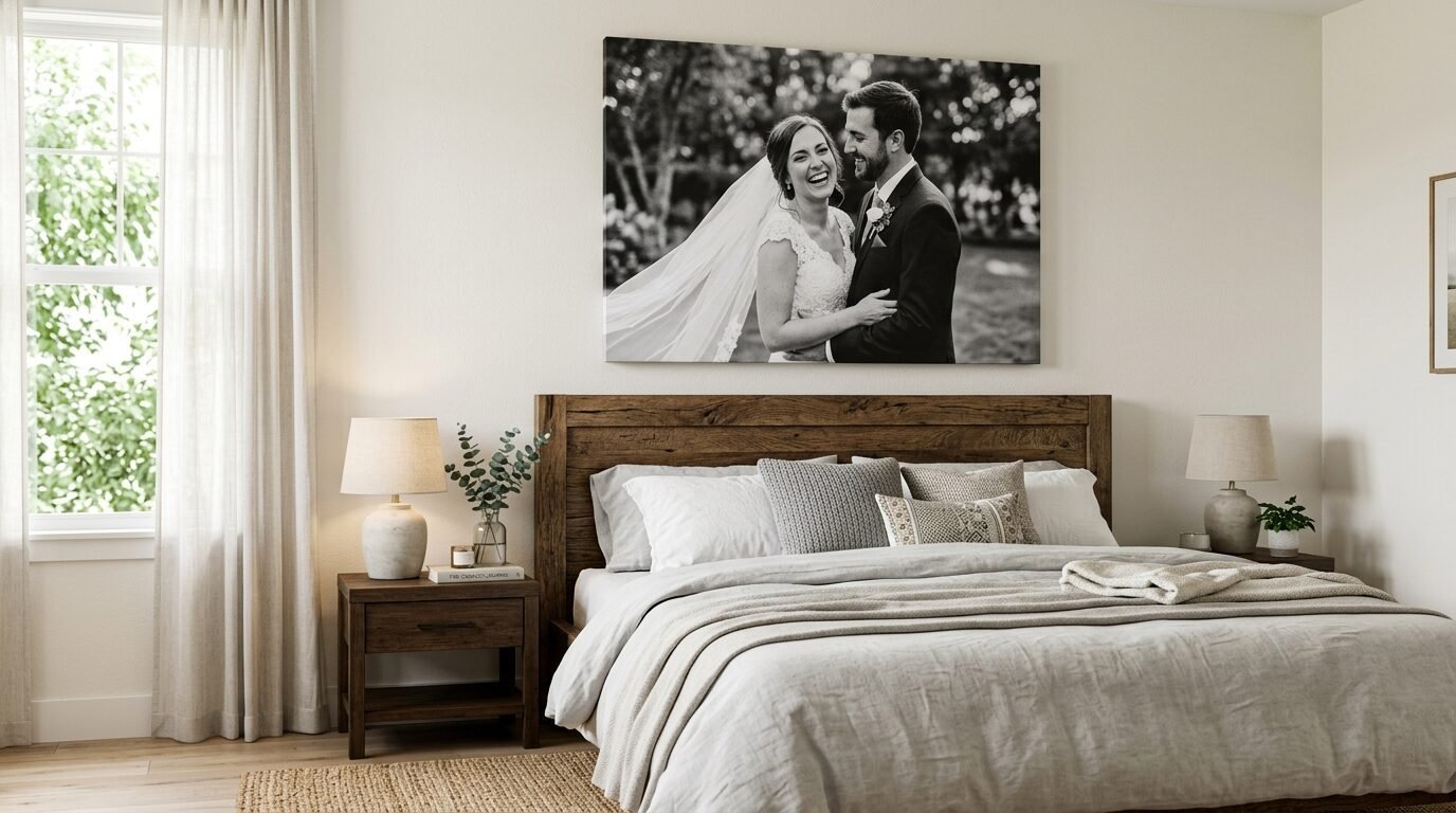 A large canvas print of a laughing bride and groom hanging above a rustic wooden bed frame in a cozy bedroom.
