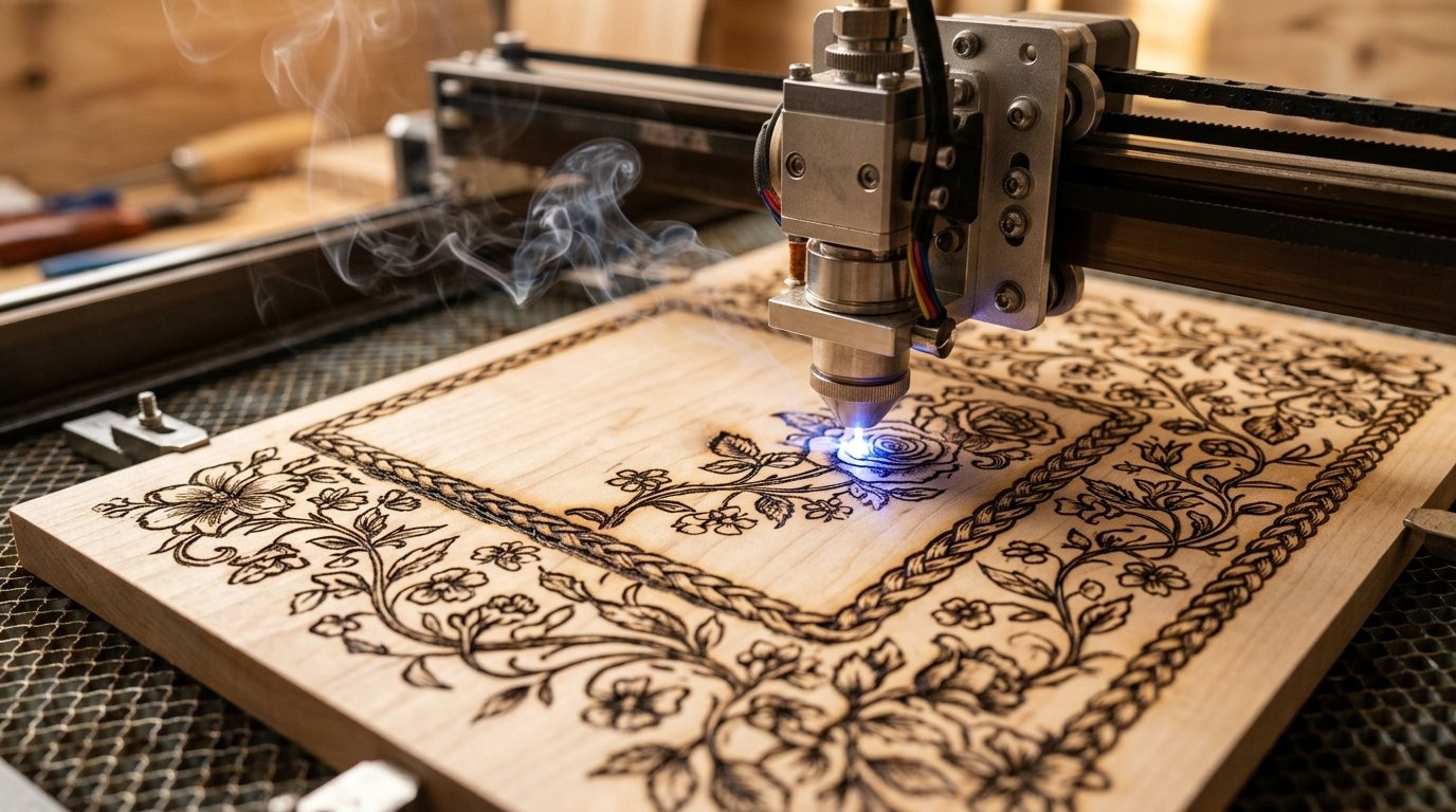 Close up of a laser head burning a floral design into light colored wood with smoke rising.