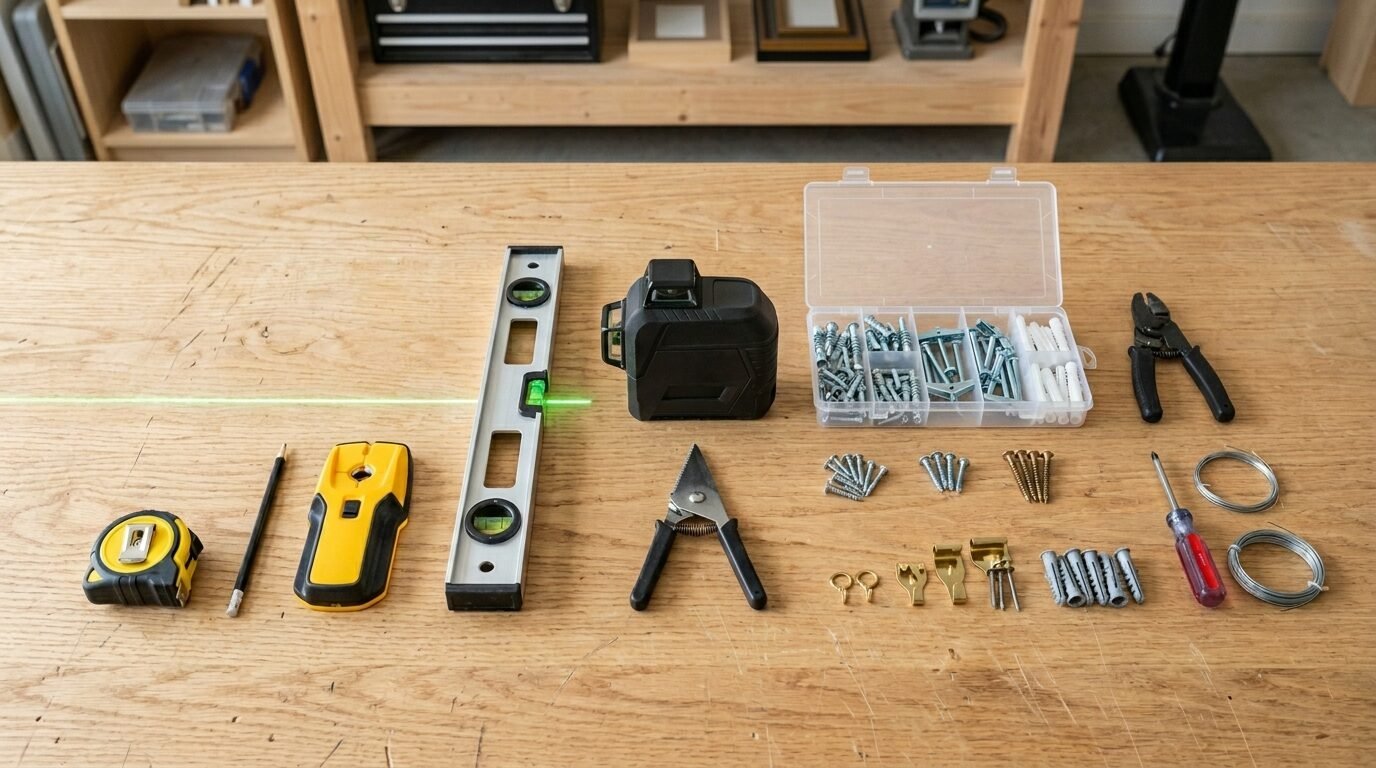 A laser level, spirit level, and various fasteners laid out on a wooden workbench for a renovation project.