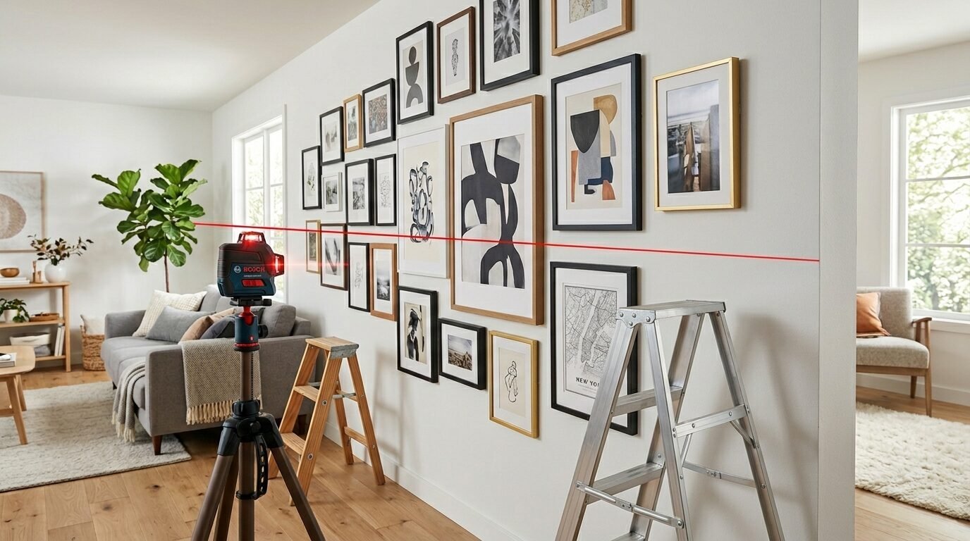 A Bosch laser level on a tripod projecting a red line across a gallery wall of framed art prints.