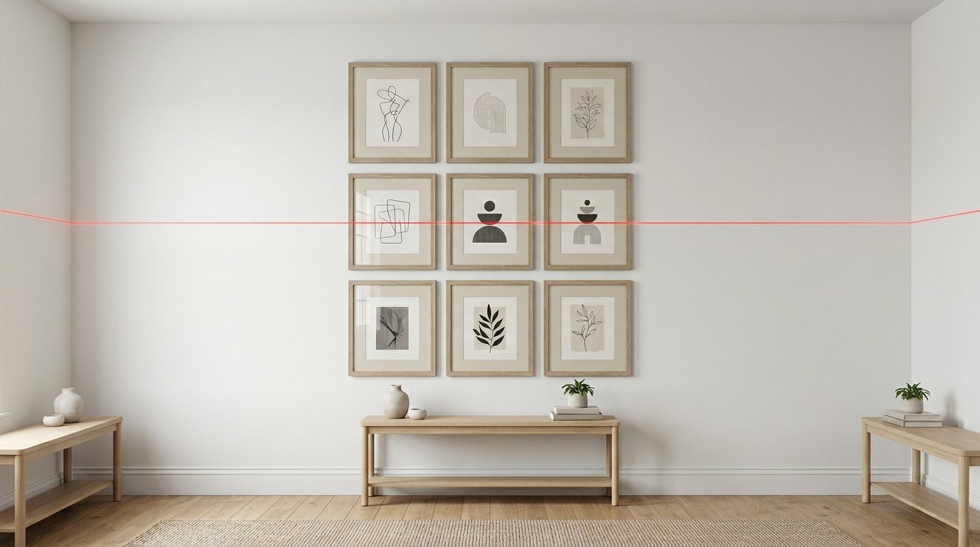 A red laser light line crosses nine framed abstract art prints hung in a grid pattern on a white wall above wooden consoles.