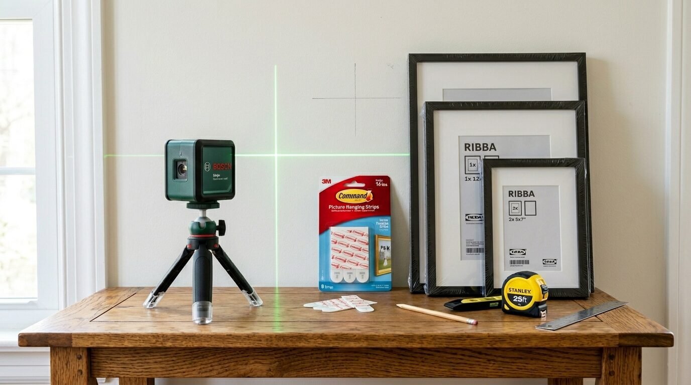 Green laser level on a tripod, Command strips, and stacked IKEA picture frames on a wooden table.