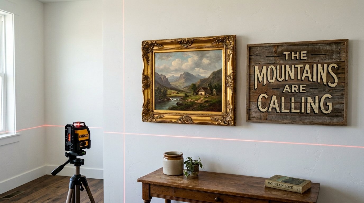 A yellow DeWalt laser level on a tripod casts red lines across a wall with two framed pictures above a wooden table.