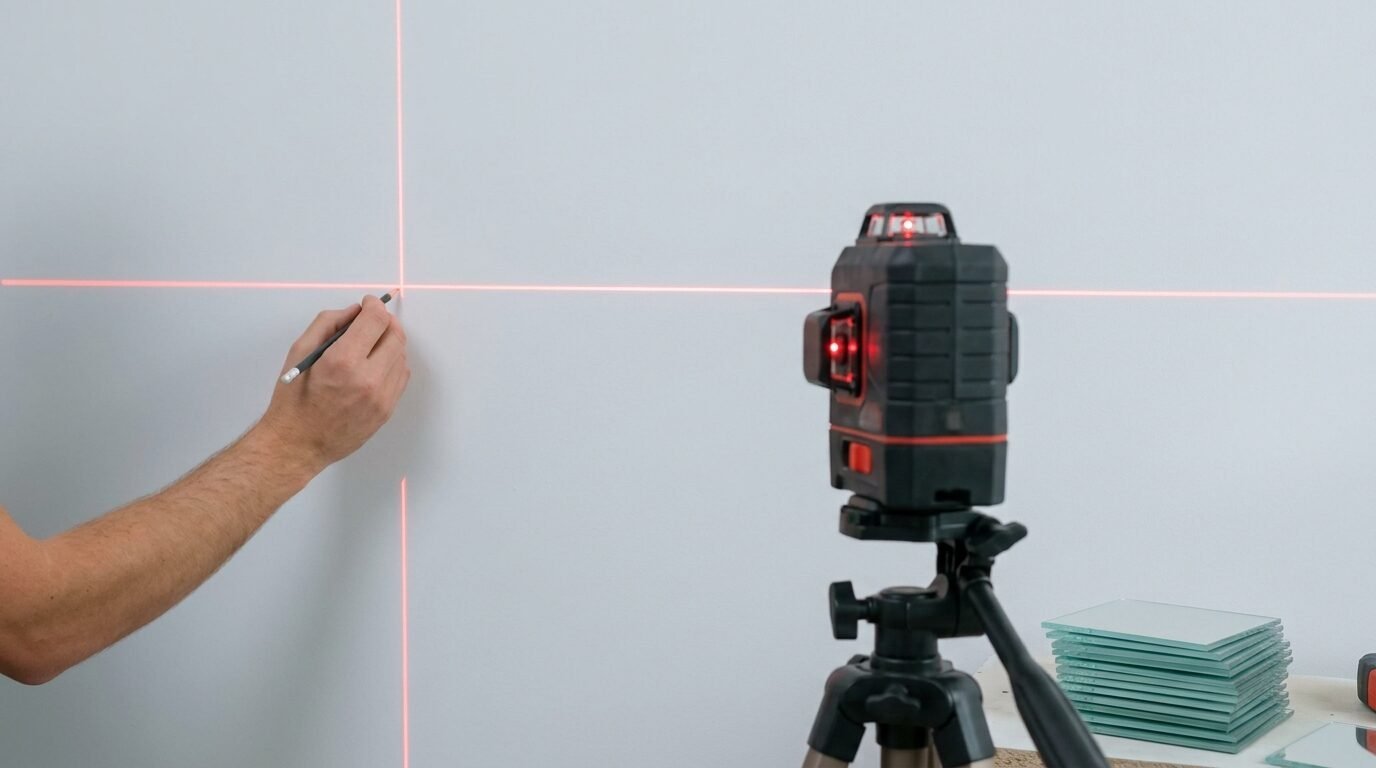 Close up of a hand holding a pencil at the intersection of a red laser crosshair projected on a white wall.