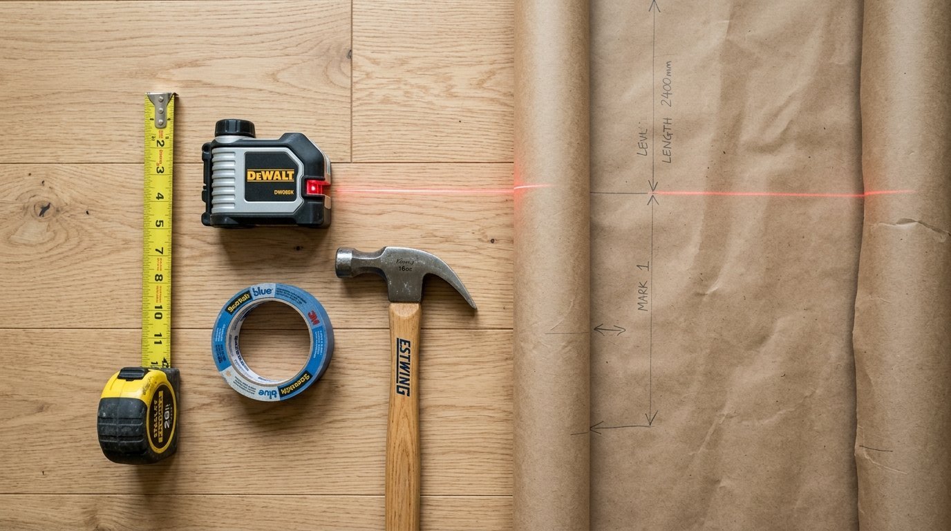 A DeWalt laser level projects a red beam across brown construction paper on wood floor with a hammer and tape measure.