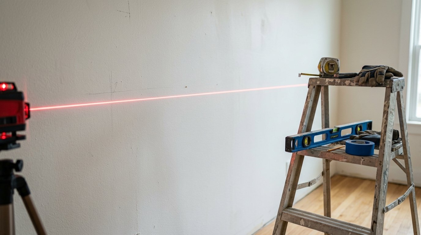 A laser level on a tripod casting a horizontal line across a white wall toward a metal stepladder with tools.
