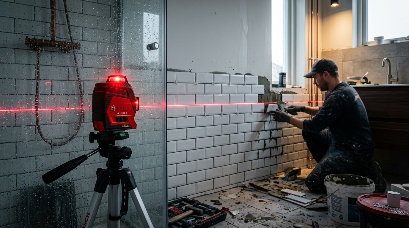 Worker installing white subway tiles on a bathroom wall using a red laser alignment tool on a tripod.