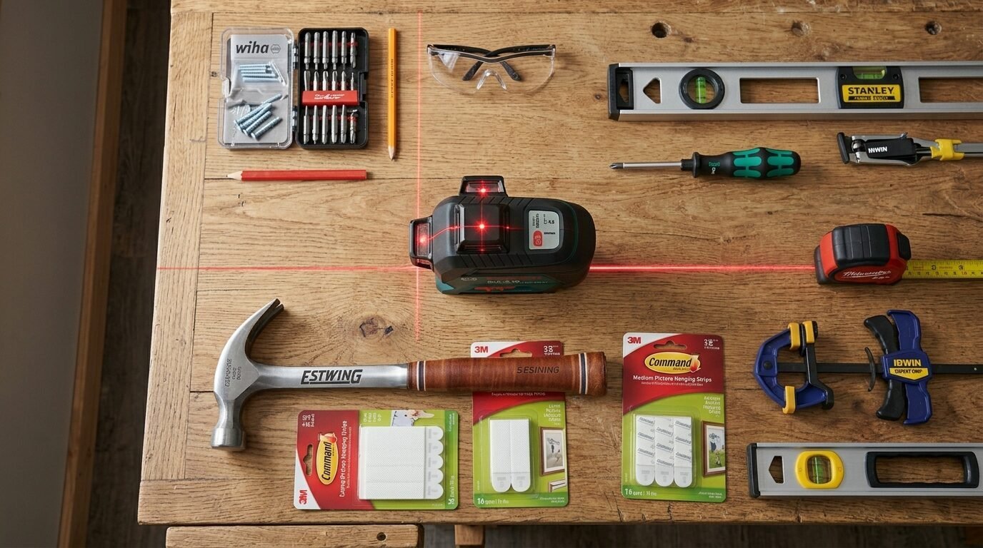 Top-down view of a laser level, hammer, tape measure, and various hardware items laid out on a wooden surface.