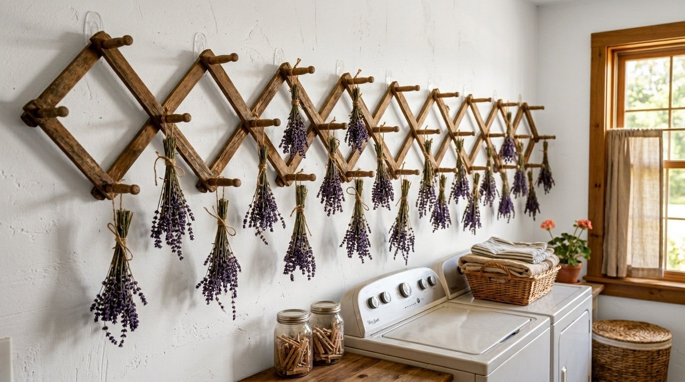Bundles of purple lavender flowers tied with twine hanging from a wooden accordion peg rack in a laundry room.