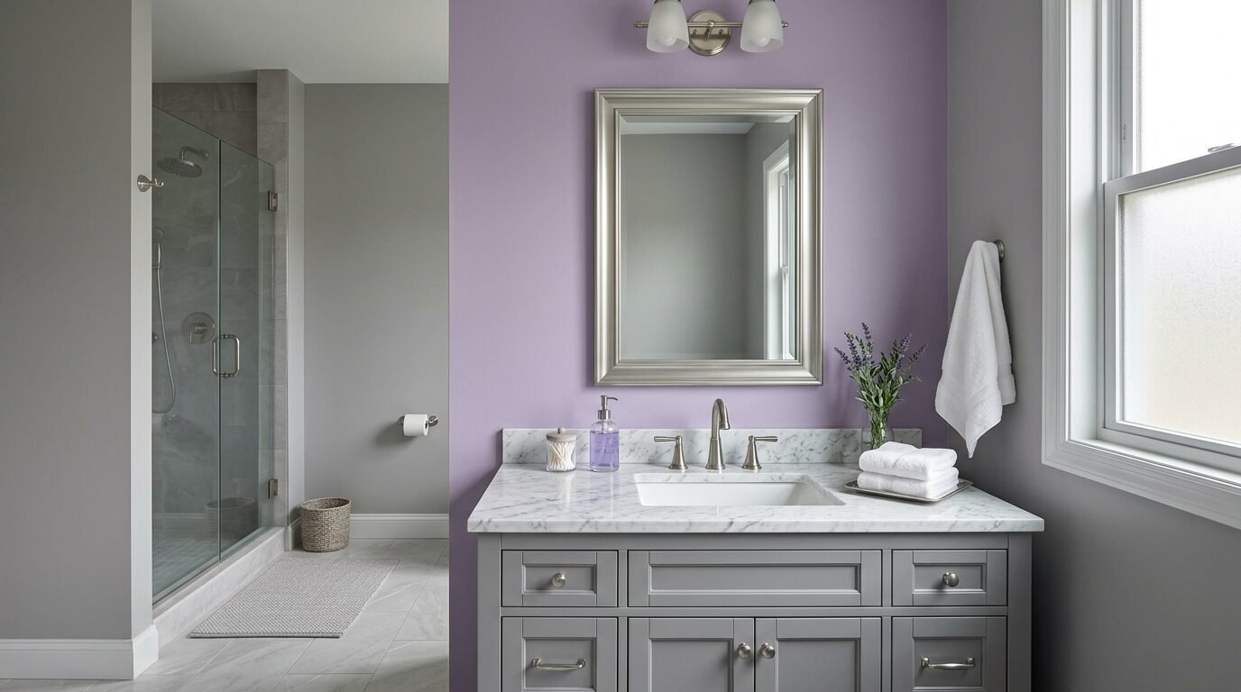 Bathroom vanity with marble countertop, silver mirror, and white towels against a painted lavender feature wall.