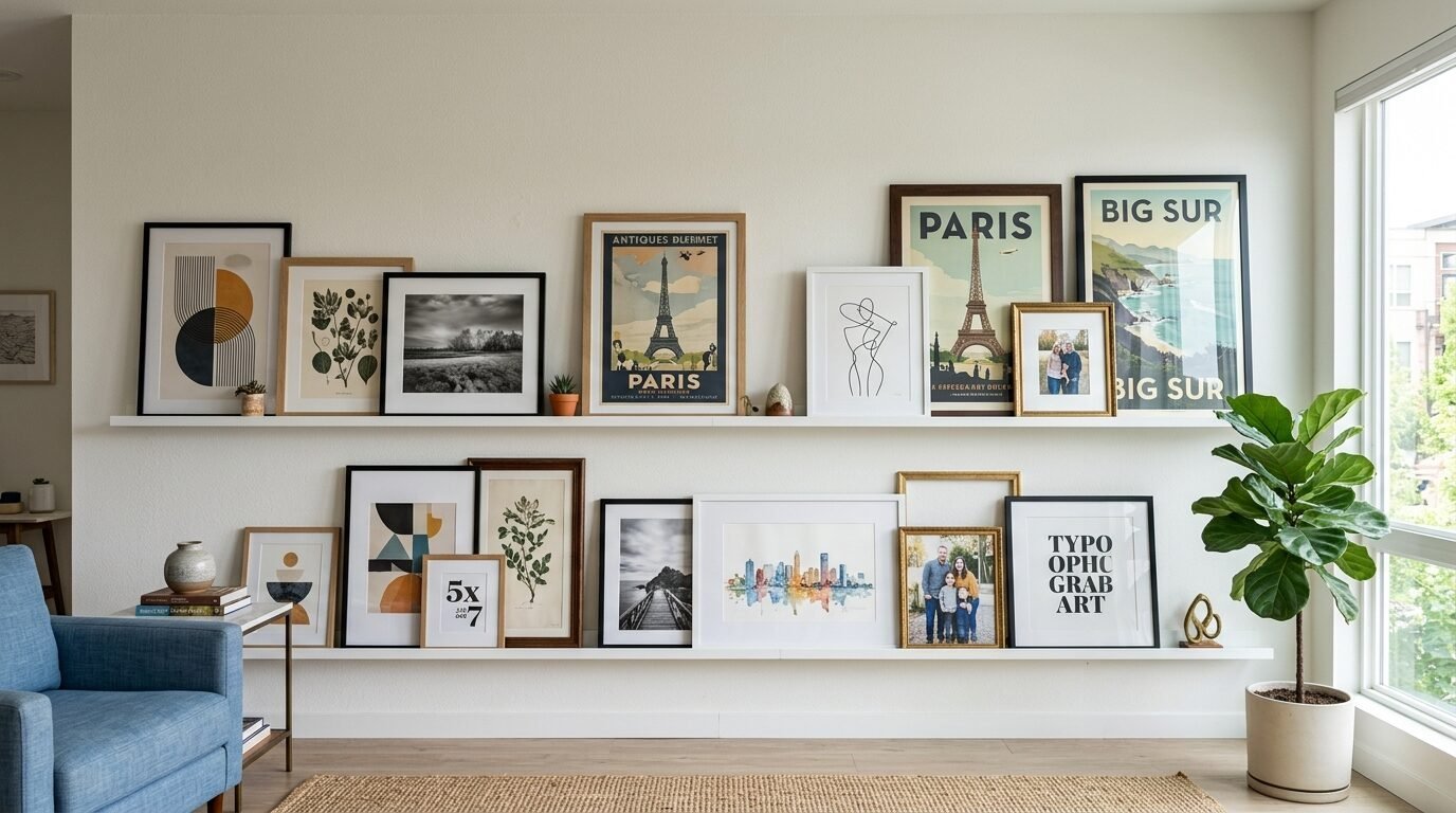 Two tiered white ledges against a beige wall showcasing a mix of travel posters, family photos, and abstract prints.