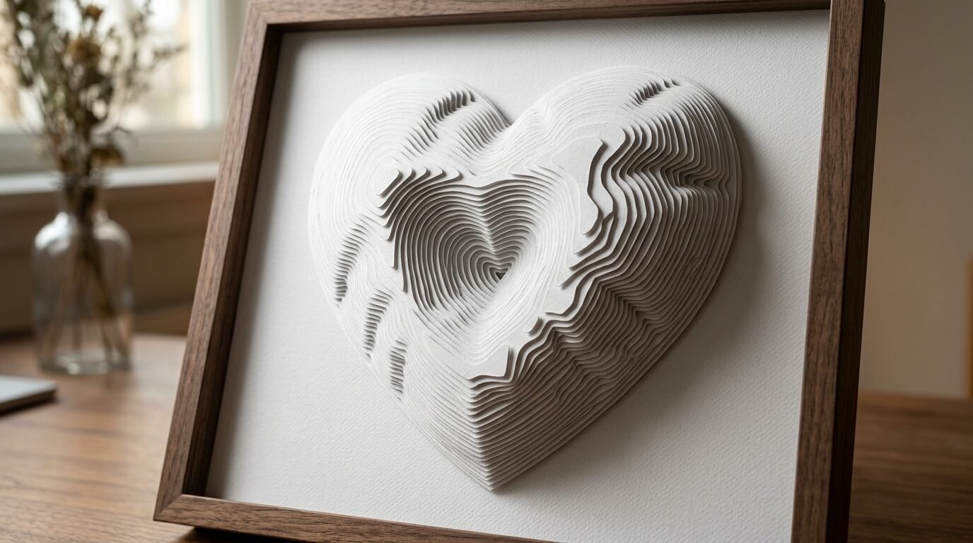 White paper heart sculpture with topographical contour lines displayed in a wooden shadow box frame.
