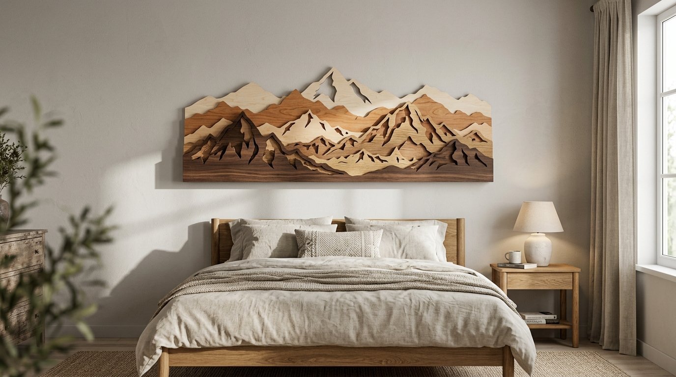 Multilayered carved wood mountain mural mounted on a light gray bedroom wall.