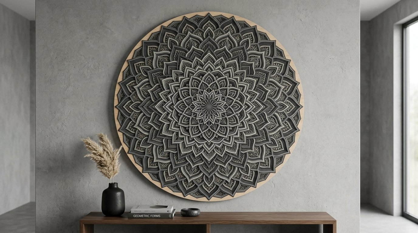 Round multi-layered geometric mandala art piece hanging on a grey wall above a wooden console table.