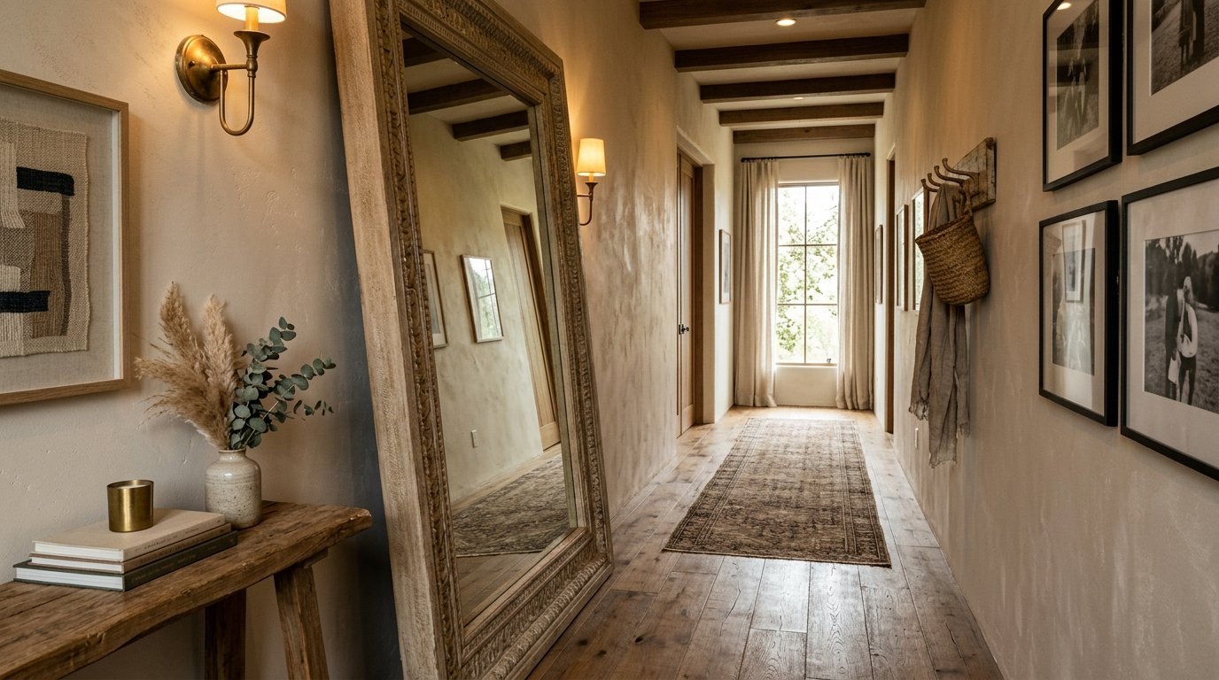 A long hallway with hardwood floors, a large ornate floor mirror, and a wood console table with a vase.