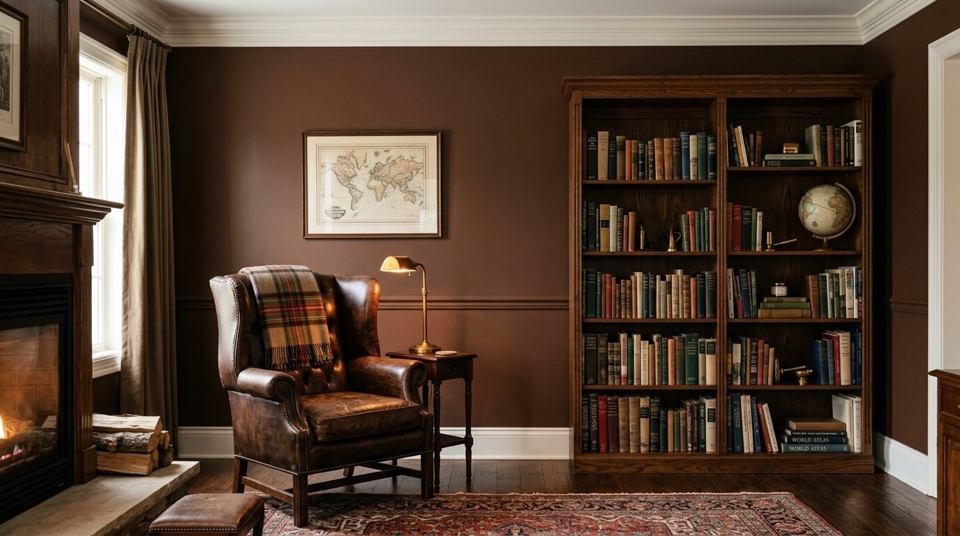 A vintage leather armchair with a plaid blanket sits beside a wooden bookcase in a room with brown walls.
