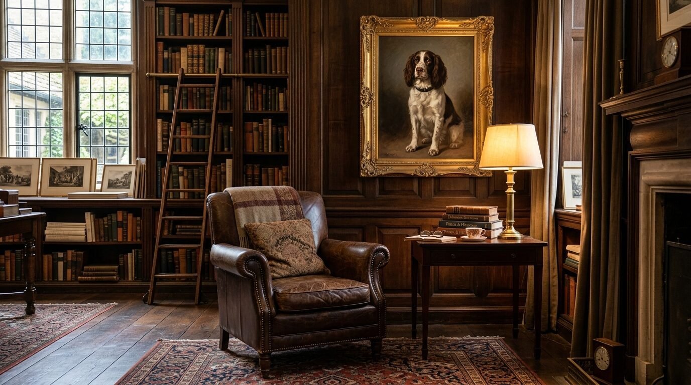 A brown leather chair sits before a dark wood bookshelf with a portrait of a dog on the wall.