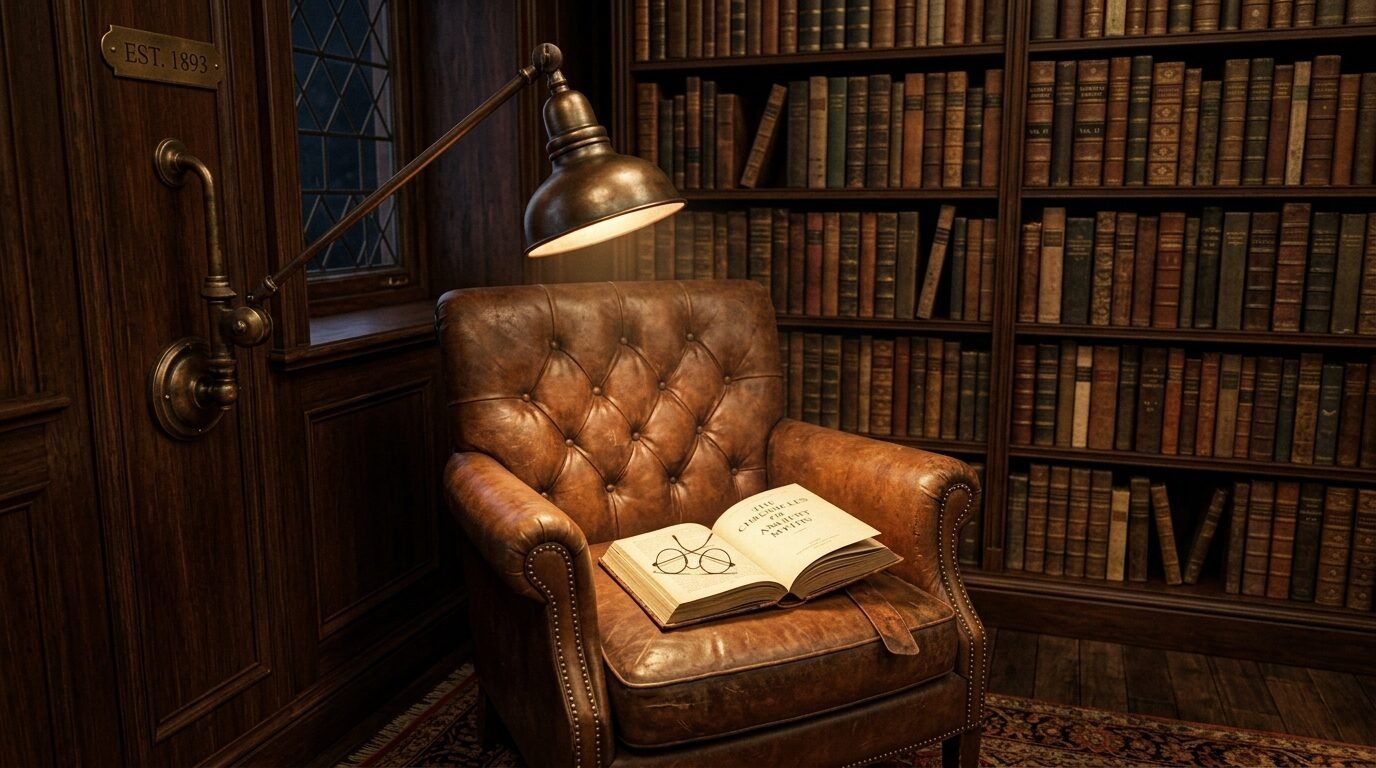 An open book with spectacles resting on a brown tufted leather club chair beneath a warm brass reading lamp.