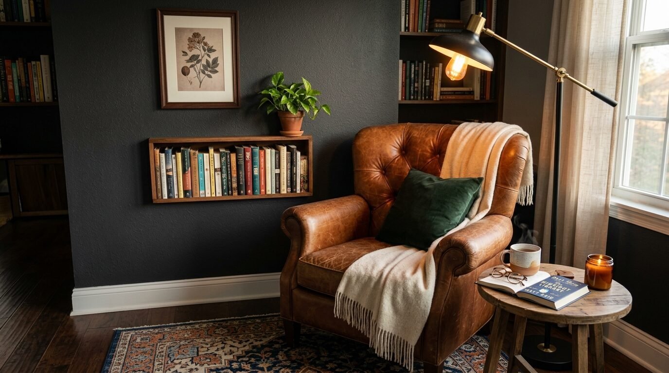 Vintage tufted leather chair with a green pillow, throw blanket, and side table set against a dark wall.