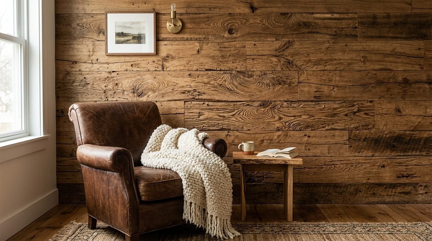 Vintage leather armchair featuring a cream throw blanket next to a small wooden side table against a rustic wall.