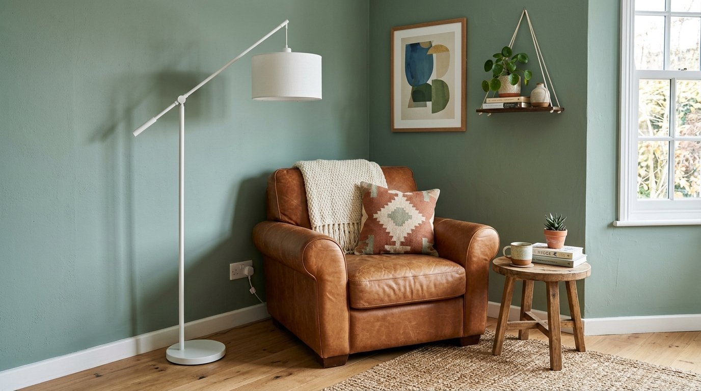 Brown leather armchair with a knit throw and geometric pillow near a white floor lamp and wood side table.