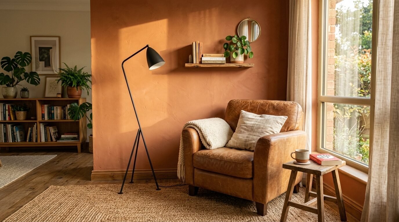 A cognac leather chair sits in a terracotta-walled room with a floor lamp, wooden stool, and floating shelf.