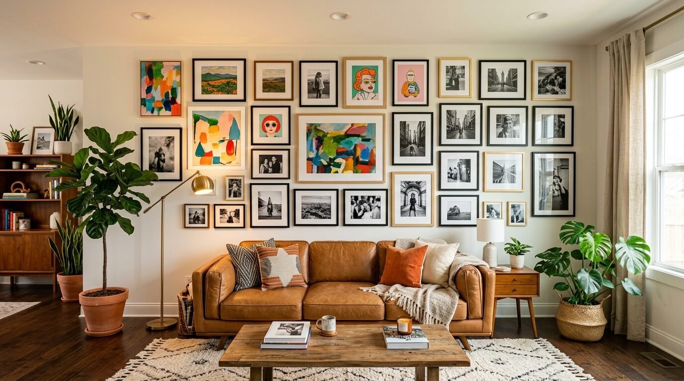 Tan leather couch situated beneath a large gallery wall of framed photos and colorful abstract art.