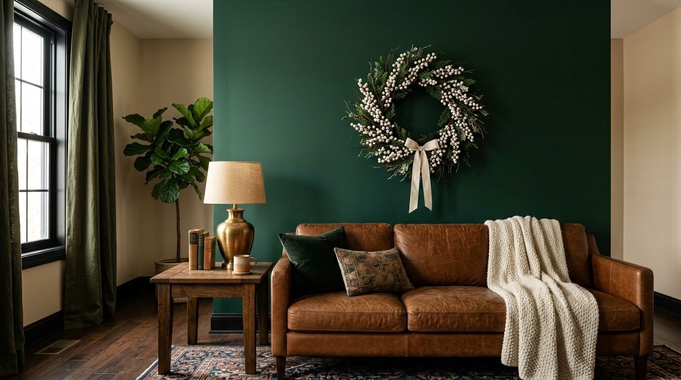 Brown leather sofa with a cream blanket beneath a holiday wreath on a dark green wall.