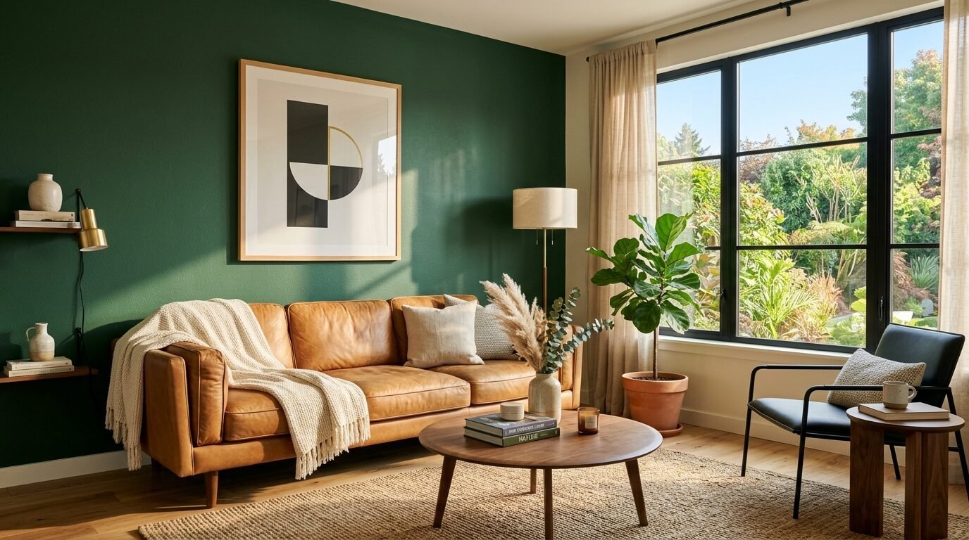 Tan leather couch with a cream throw blanket against a dark green wall, beside a window with lush garden views.