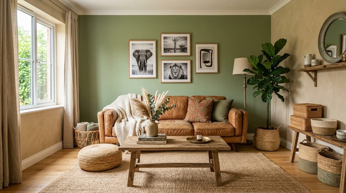 Living room featuring a brown leather couch, wildlife gallery wall art, and natural textures on a hardwood floor.