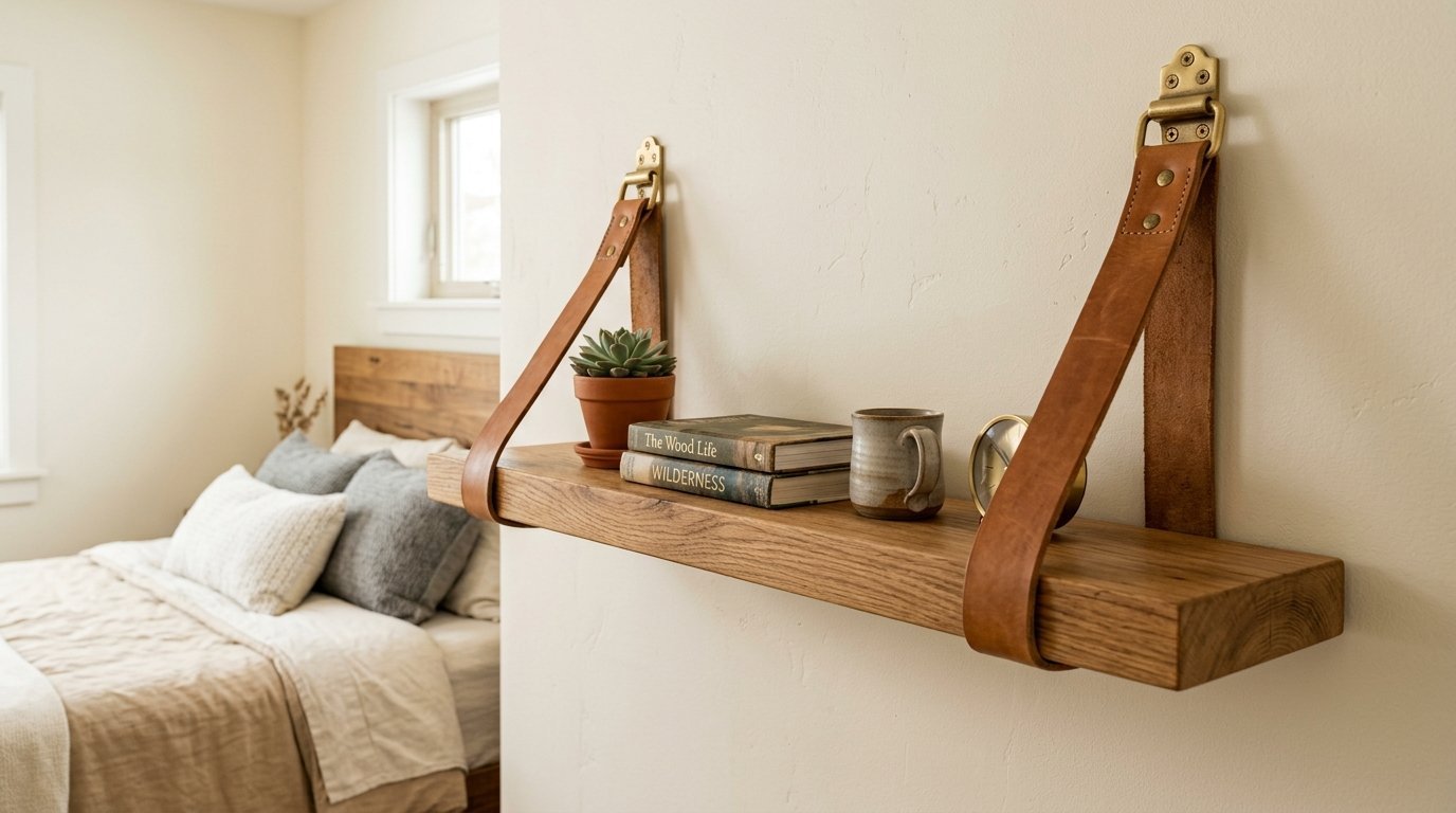 A natural wood floating shelf hanging on a cream wall by leather belts, featuring a succulent, books, and a ceramic mug.