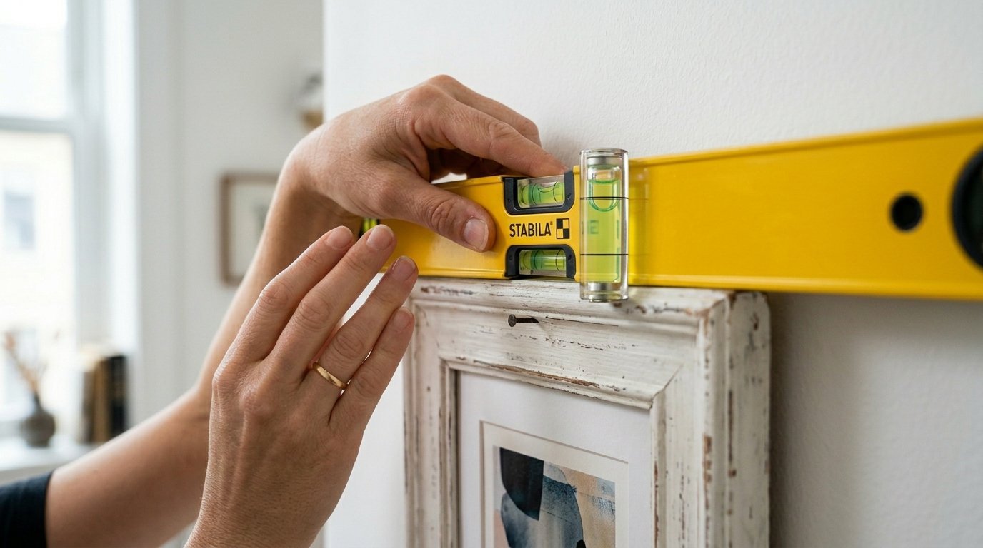 Close up of hands placing a bright yellow bubble level on top of a framed picture frame against a white wall.