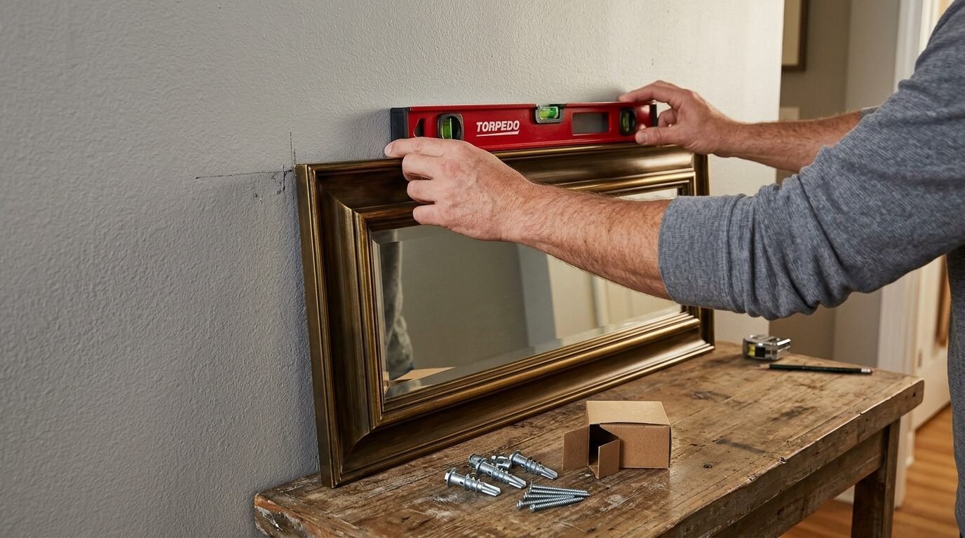 Man holding a red torpedo level on top of a framed rectangular mirror to ensure it is straight during installation.