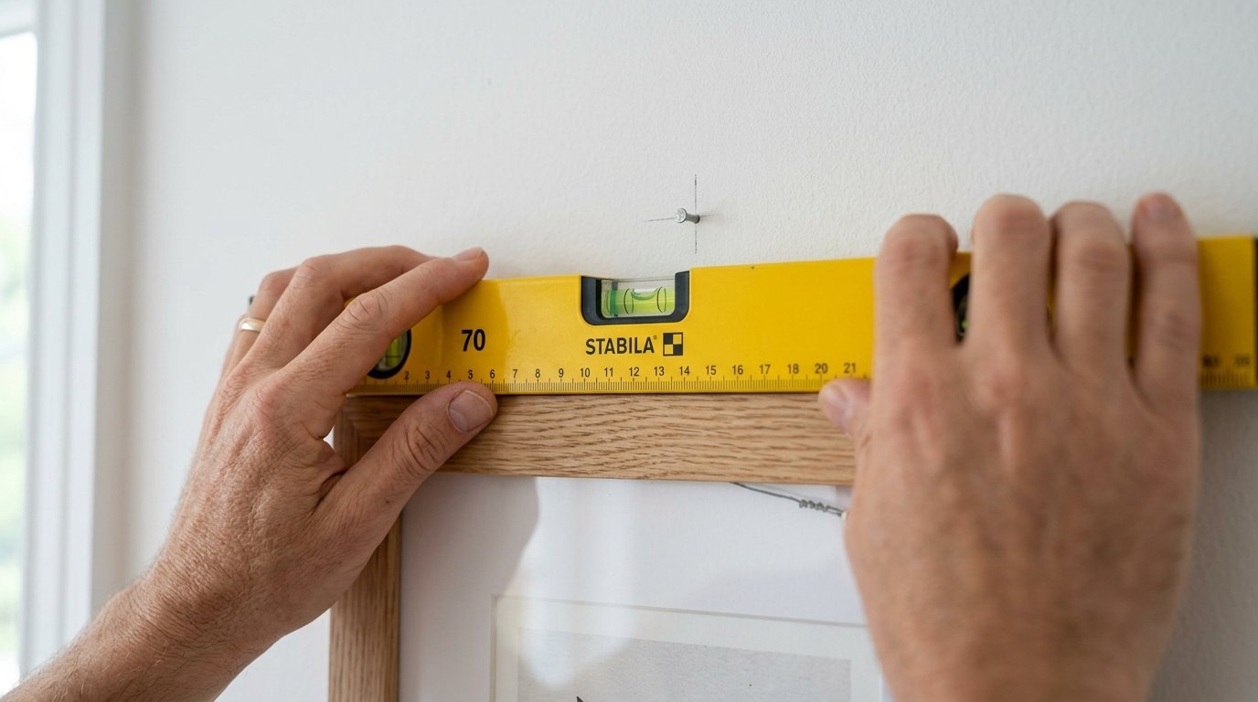 Close up of hands holding a yellow Stabila spirit level on top of a frame to ensure it is straight.