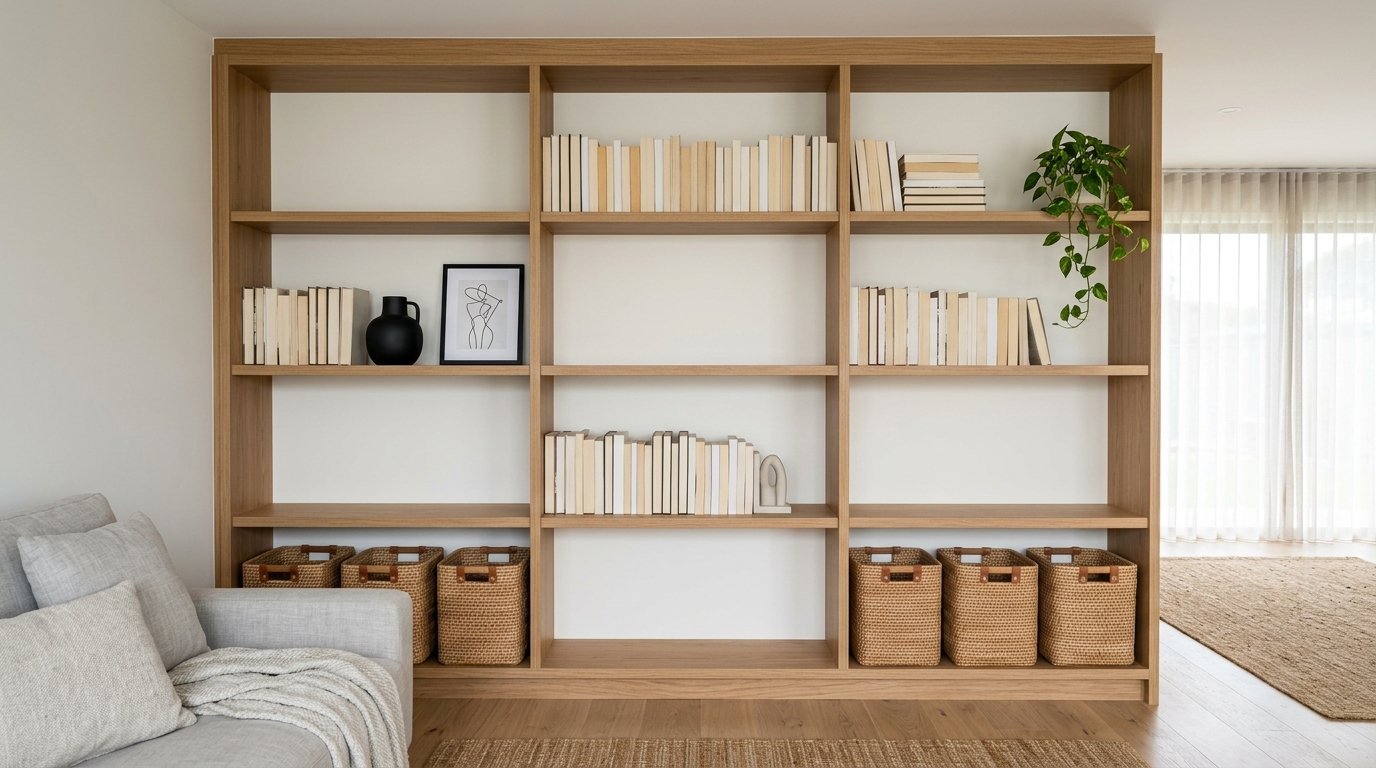A floor-to-ceiling wooden bookshelf with neutral books, decor, and wicker baskets next to a gray sofa.