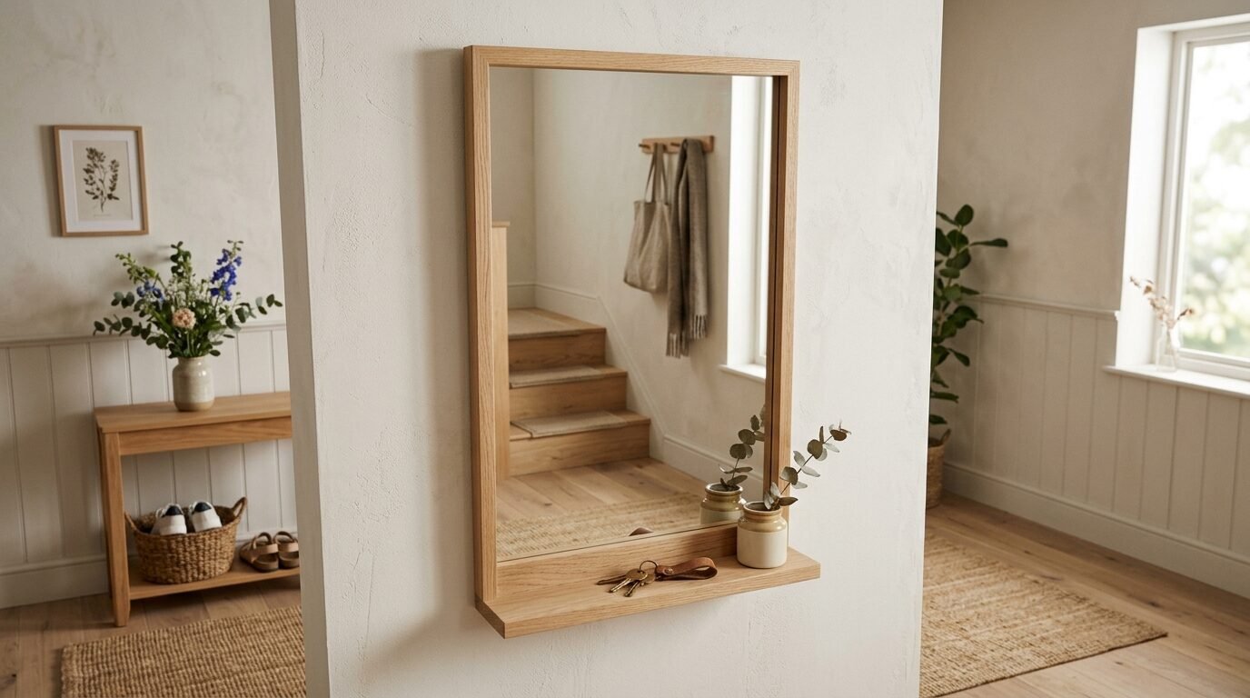 A rectangular light wood wall mirror features a built-in ledge holding a small vase and keys in a bright hallway.
