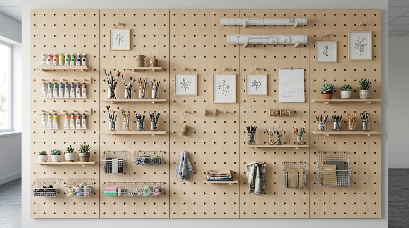 Large light-colored wood pegboard wall with shelves holding paints, brushes, small plants, and wire baskets.