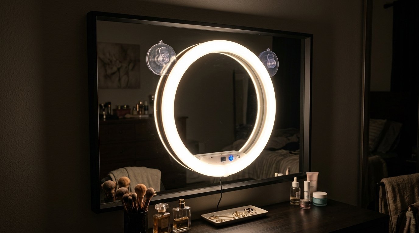 A round portable ring light suctioned onto a black rectangular vanity mirror in a dimly lit bedroom.