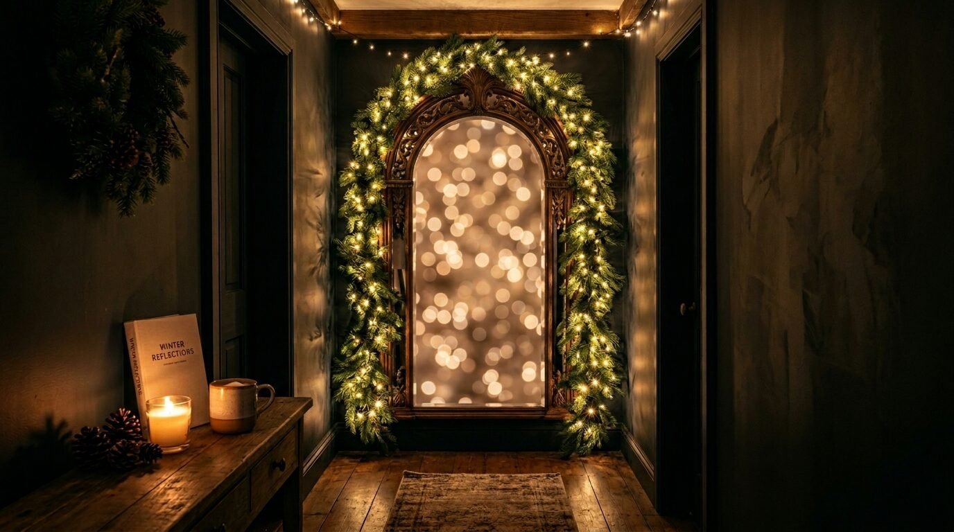 An ornate arched mirror draped in lit greenery reflecting warm bokeh lights in a dim, festive corridor.